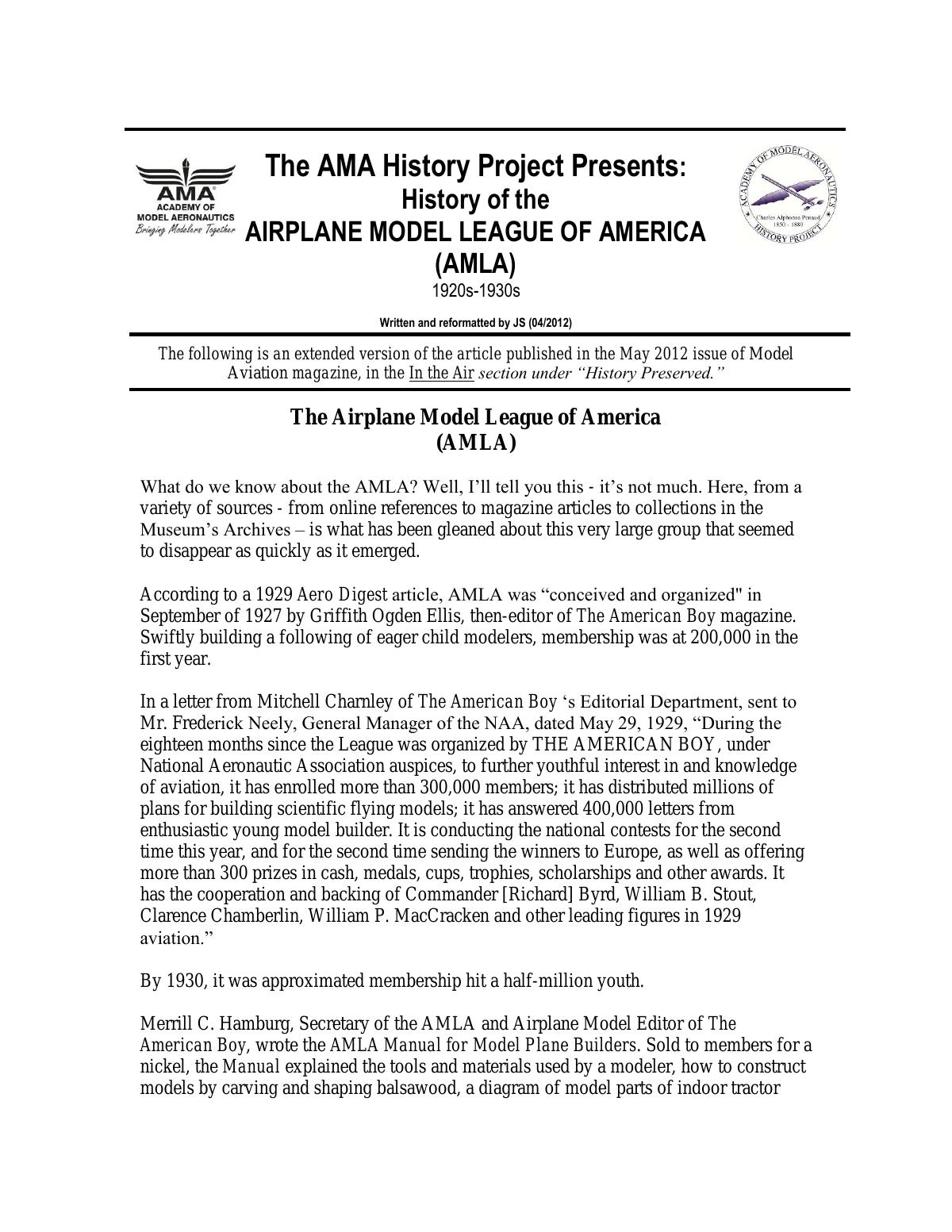 Page 1 of the original history of Airplane Model League of America (AMLA) 1920s-1930s