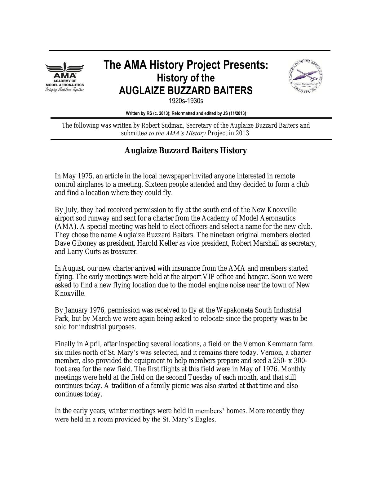 Page 1 of the original history of Auglaize Buzzard Baiter's Radio Control Flying Club