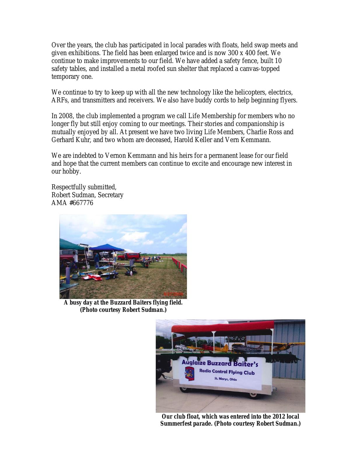 Page 2 of the original history of Auglaize Buzzard Baiter's Radio Control Flying Club