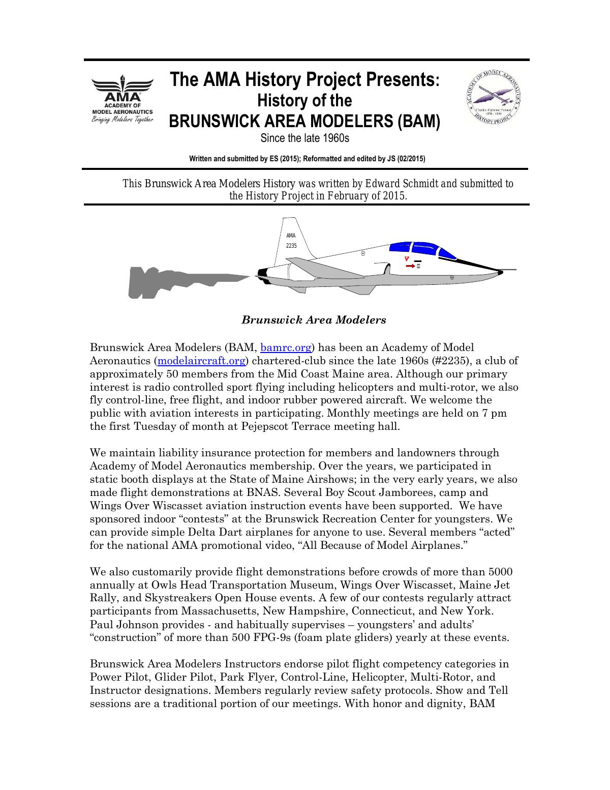 Page 1 of the original history of Brunswick Area Modelers (BAM)