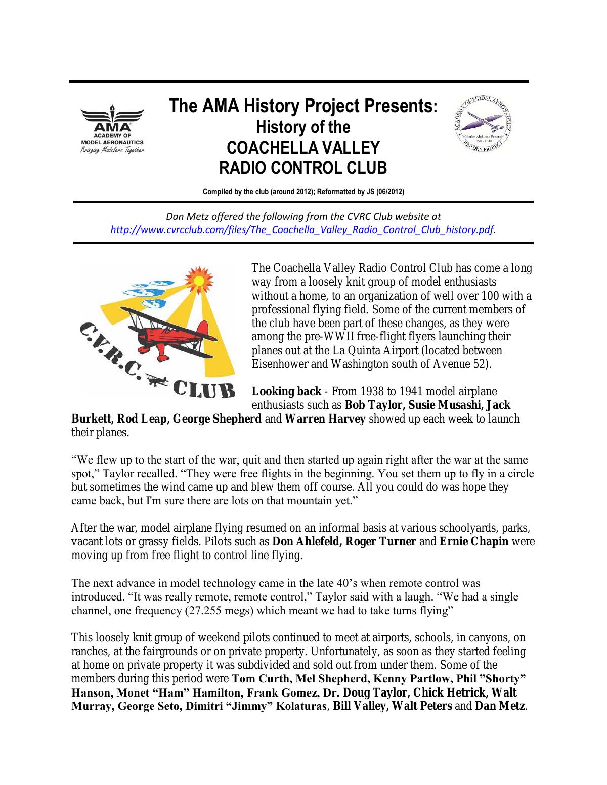 Page 1 of the original history of Coachella Valley Radio Control Club