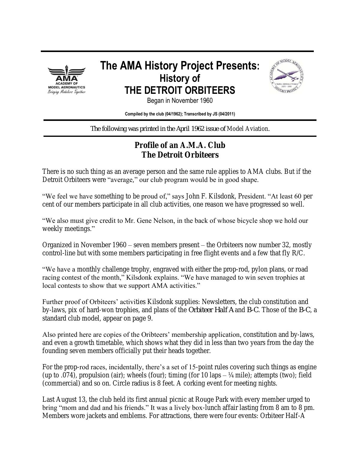Page 1 of the original history of Detroit Orbiteers