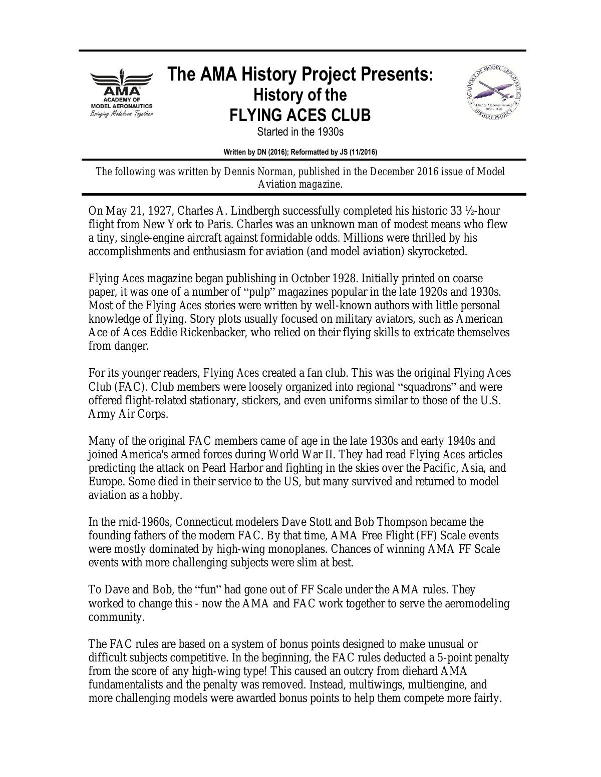 Page 1 of the original history of Flying Aces Club