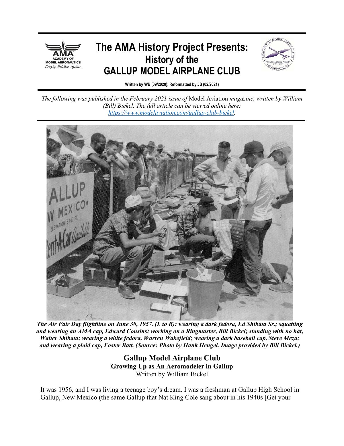 Page 1 of the original history of Gallup Model Airplane Club
