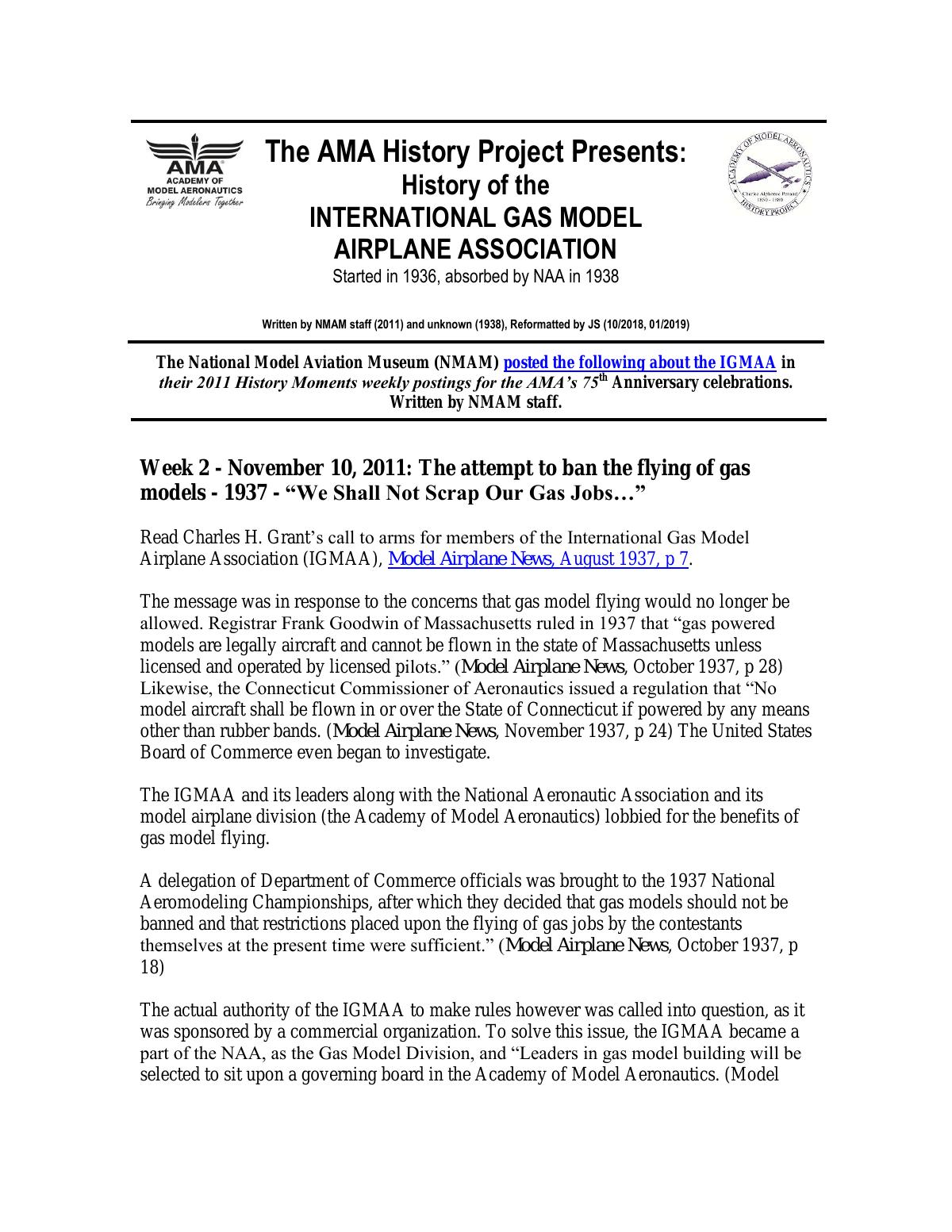 Page 1 of the original history of International Gas Model Airplane Association