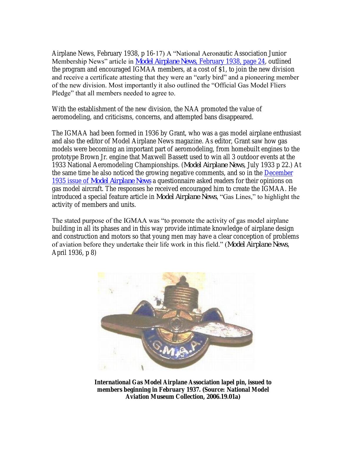Page 2 of the original history of International Gas Model Airplane Association