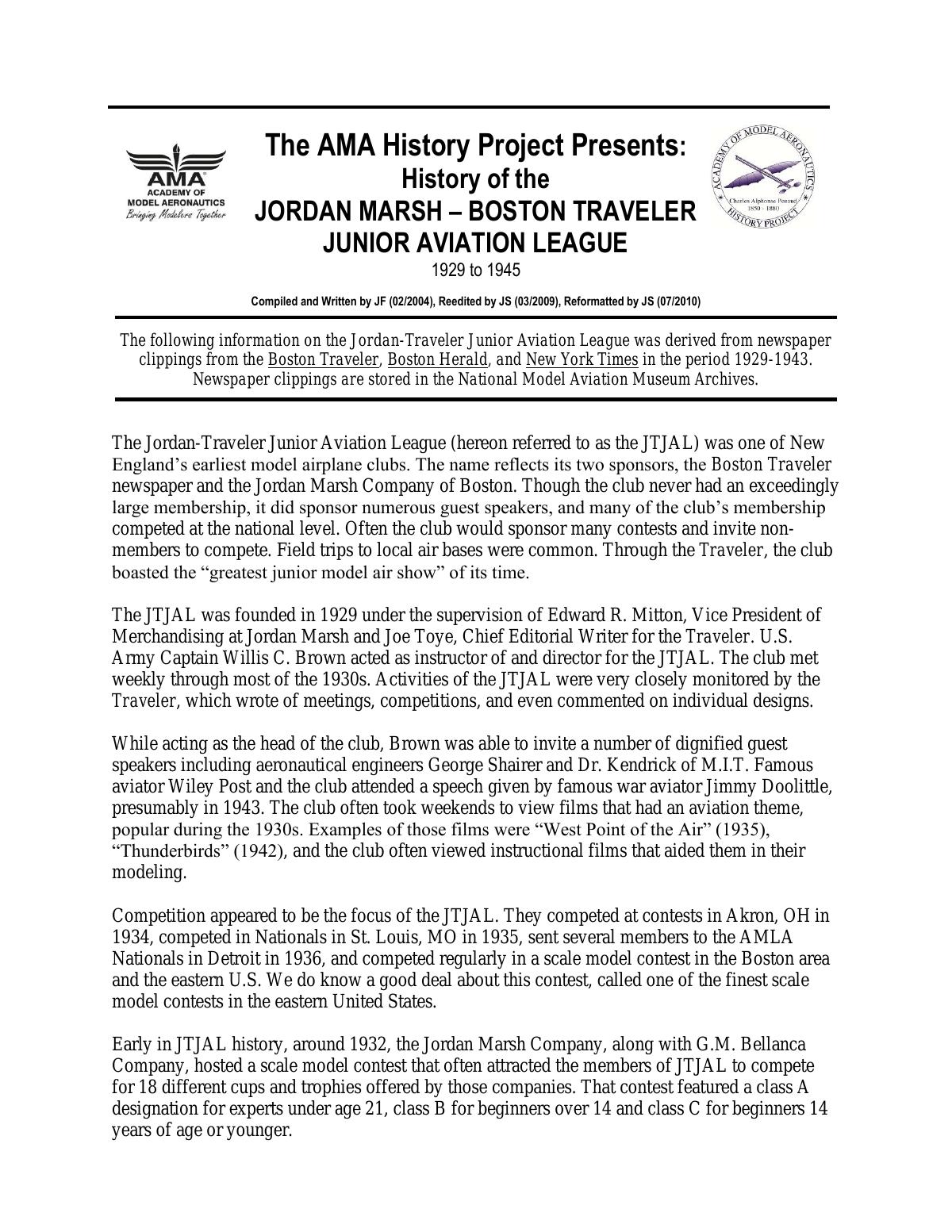 Page 1 of the original history of Jordan Marsh – Boston Traveler Junior Aviation League