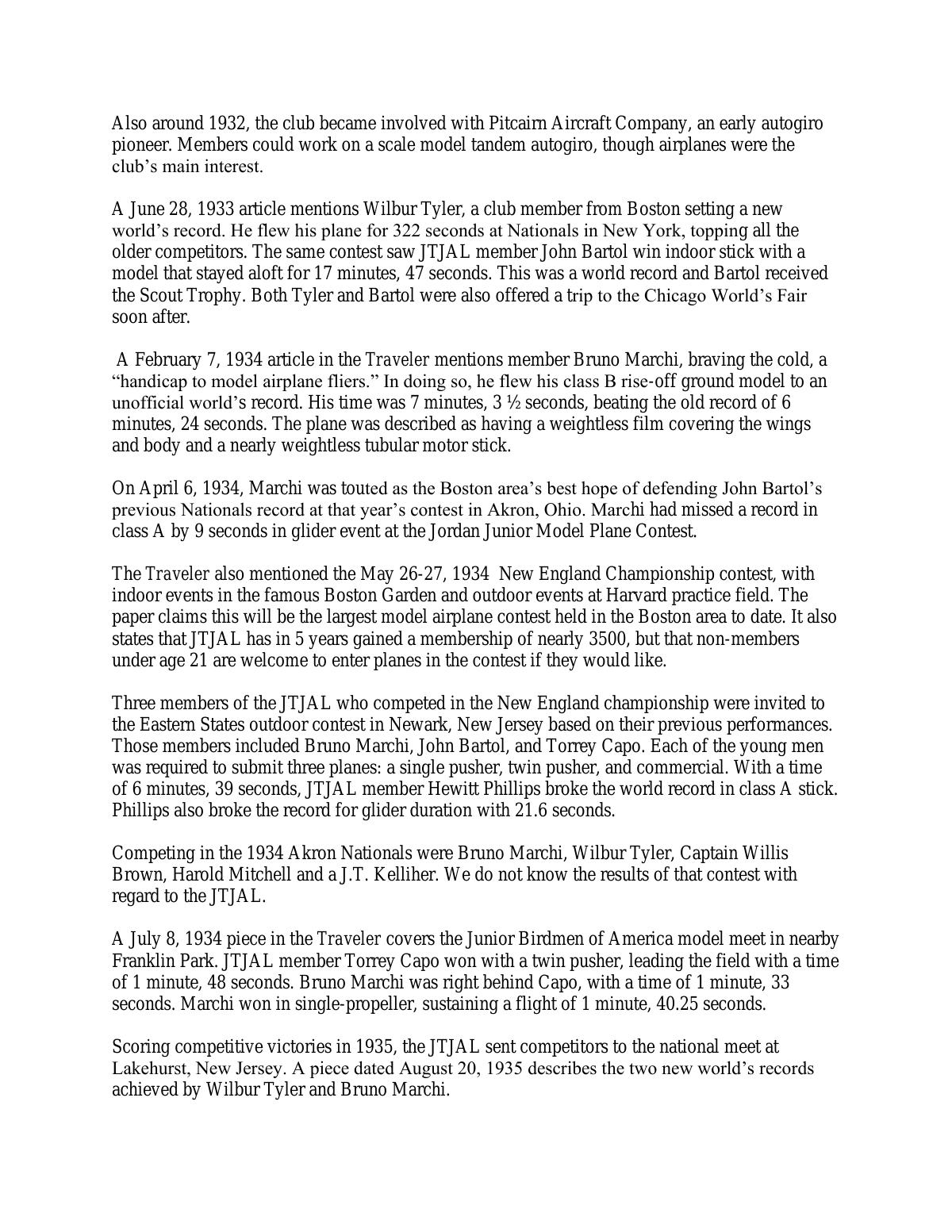 Page 2 of the original history of Jordan Marsh – Boston Traveler Junior Aviation League