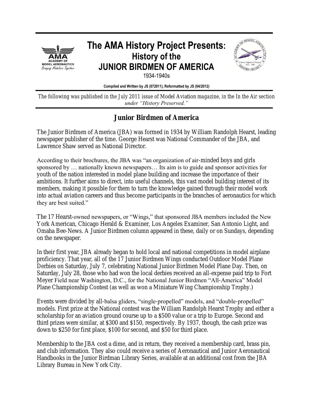 Page 1 of the original history of Junior Birdmen of America