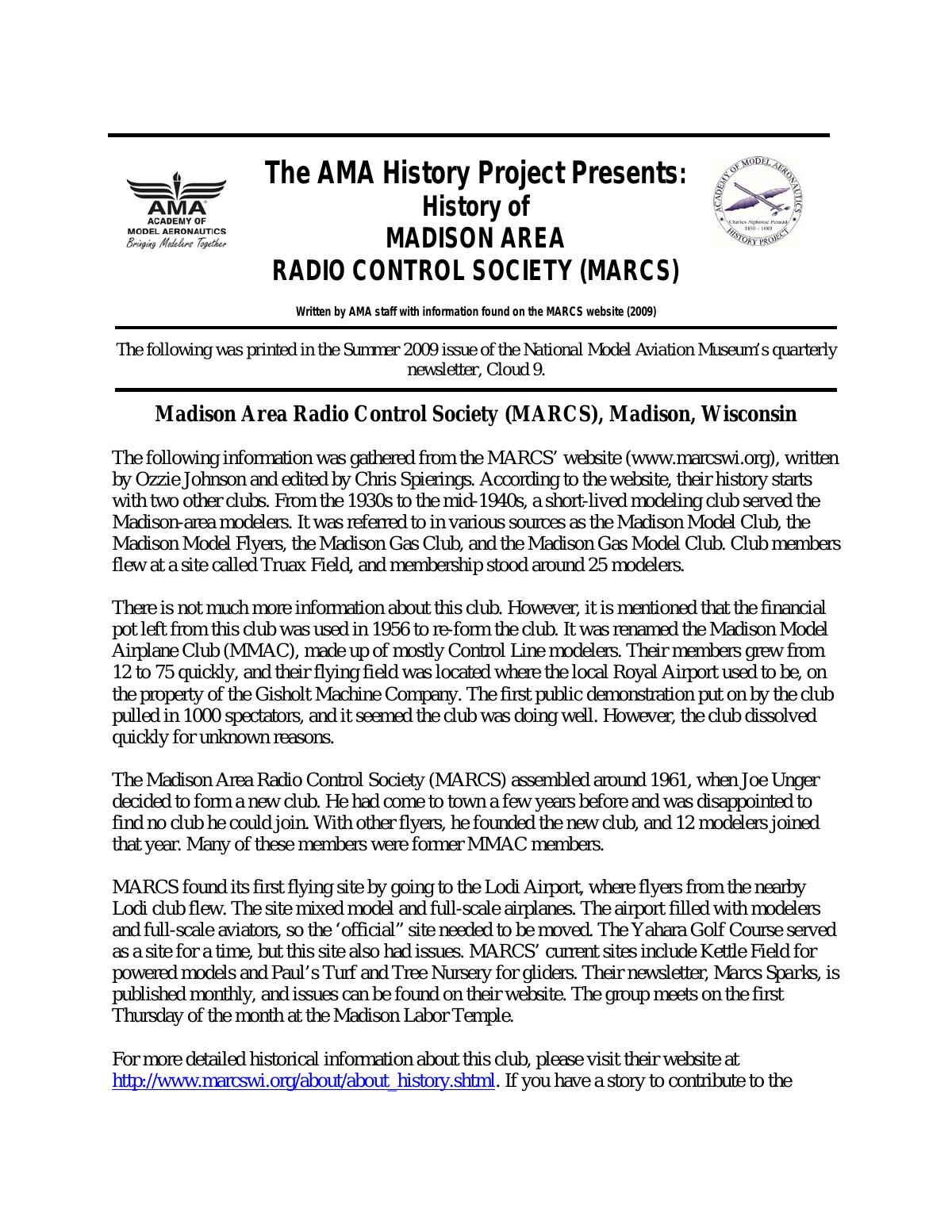 Page 1 of the original history of Madison Area Radio Control Society (MARCS)