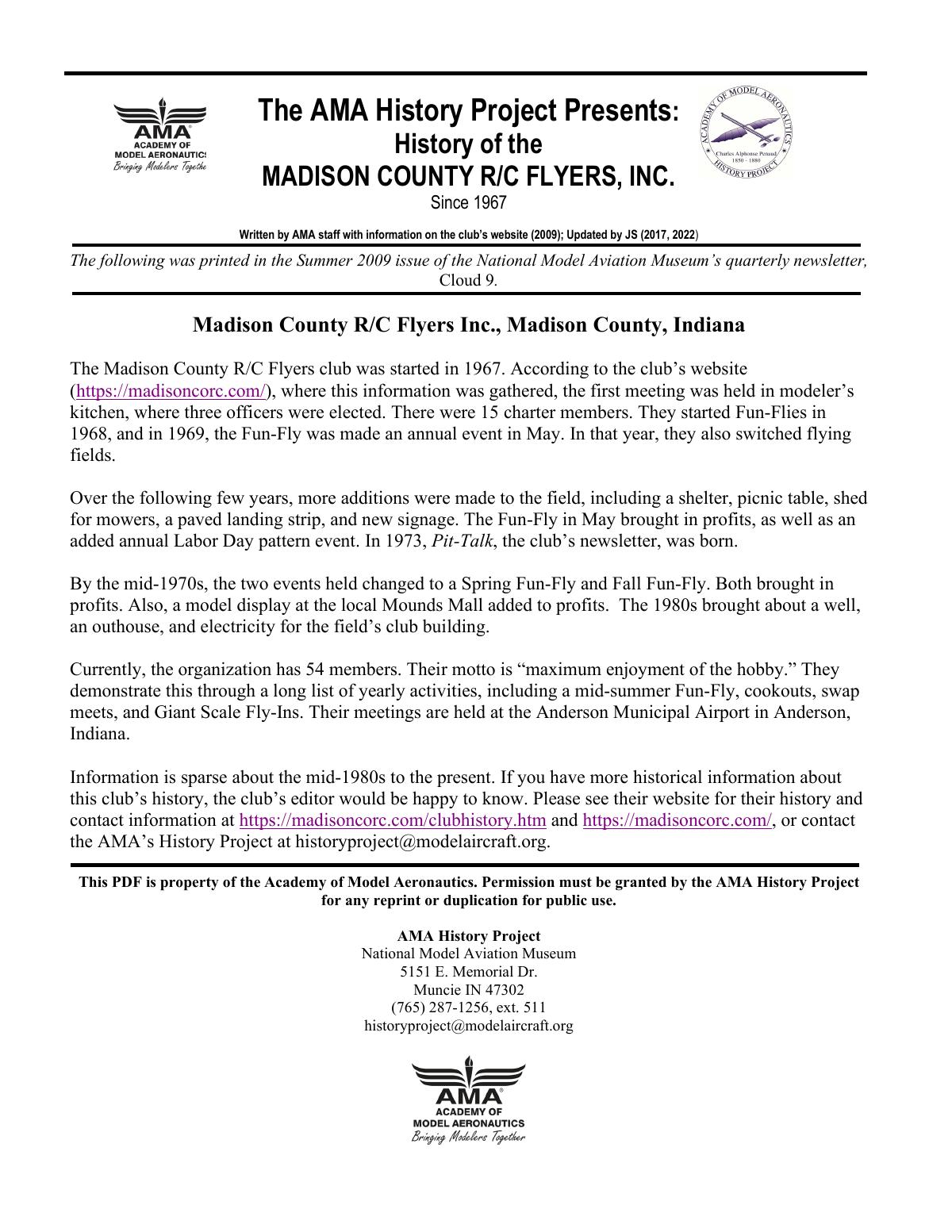 Page 1 of the original history of Madison County R/C Flyers, Inc.