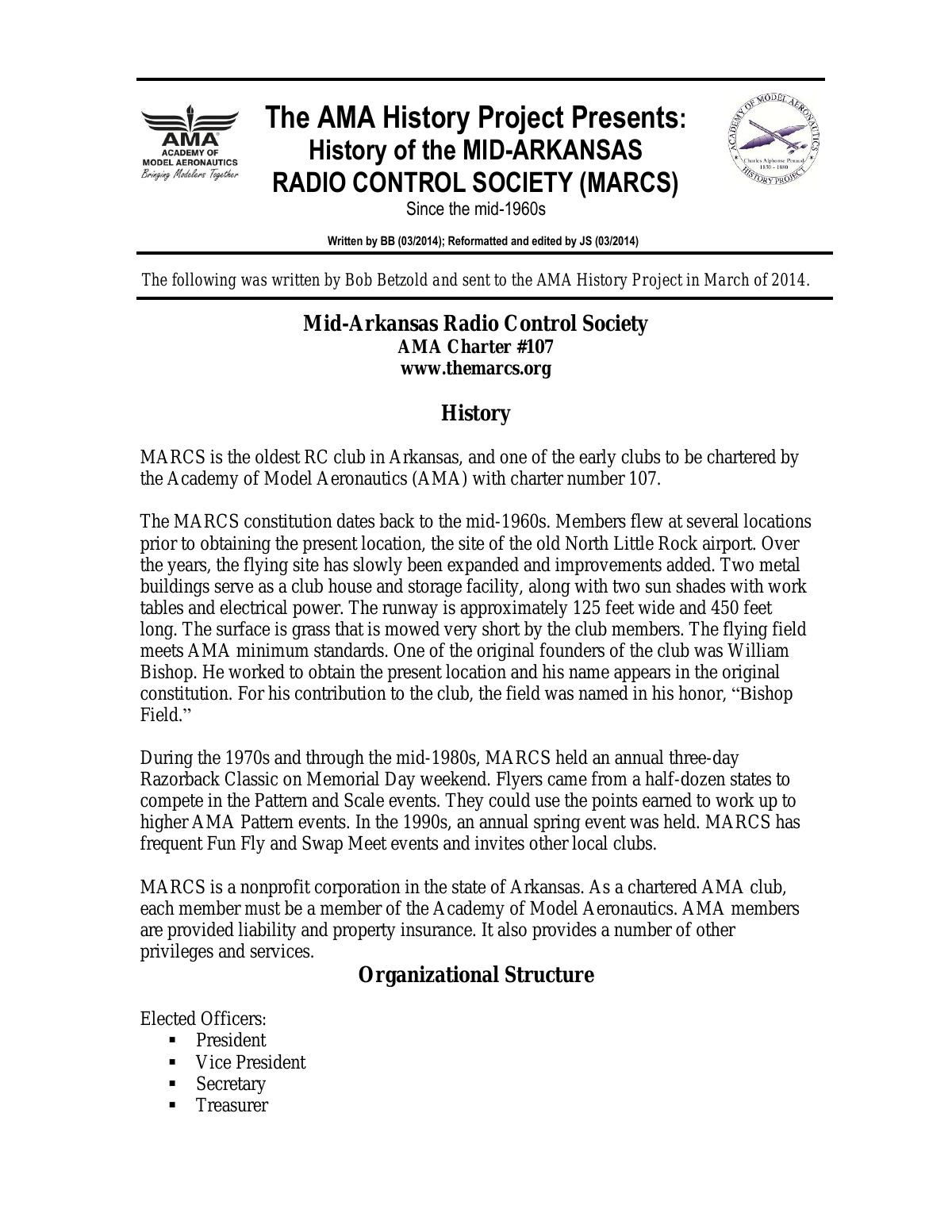 Page 1 of the original history of Mid-Arkansas Radio Control Society (MARCS)