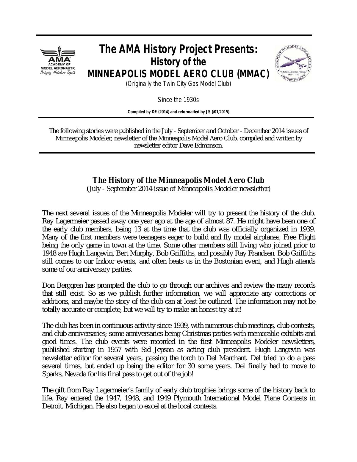 Page 1 of the original history of Minneapolis Model Aero Club (MMAC)