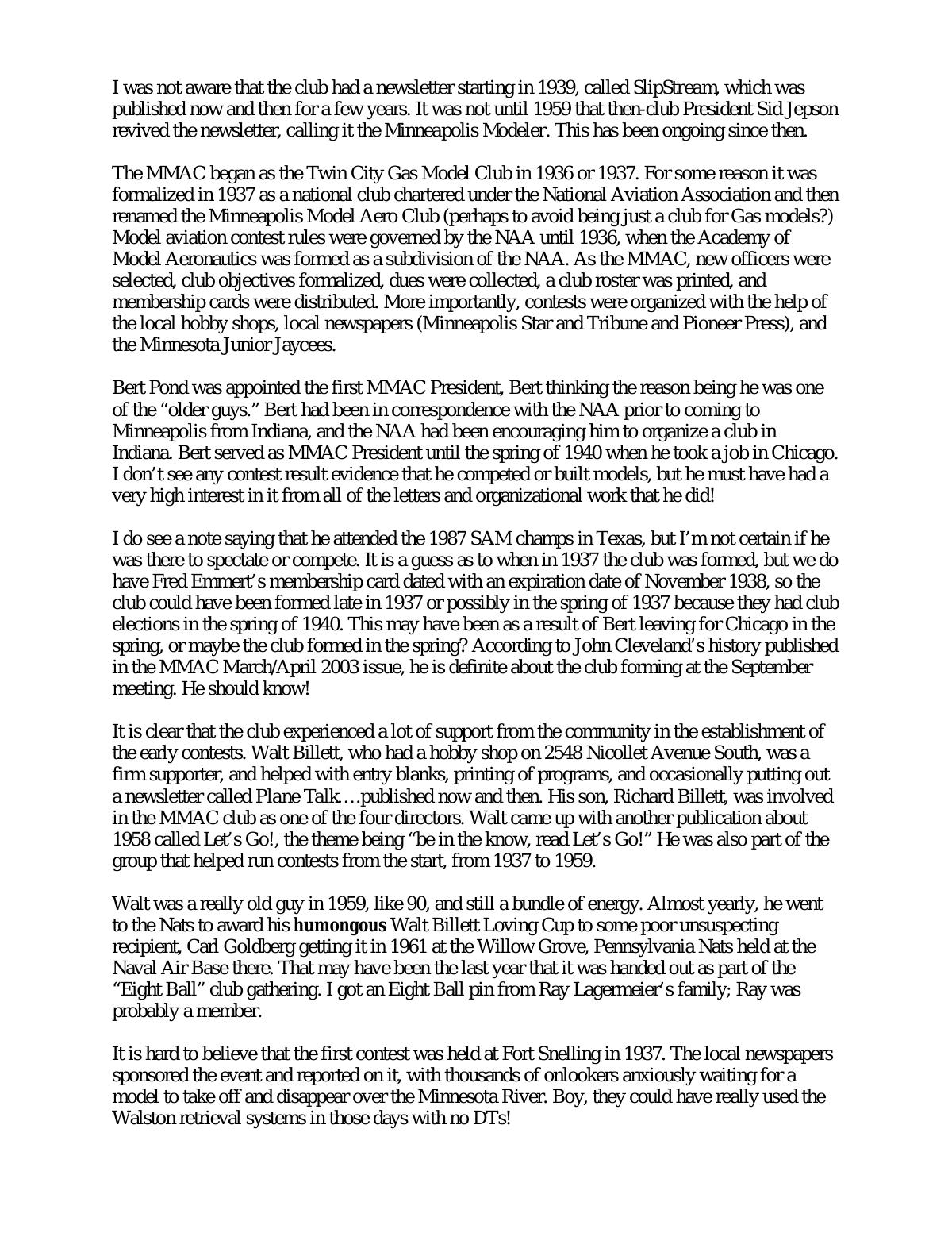 Page 4 of the original history of Minneapolis Model Aero Club (MMAC)