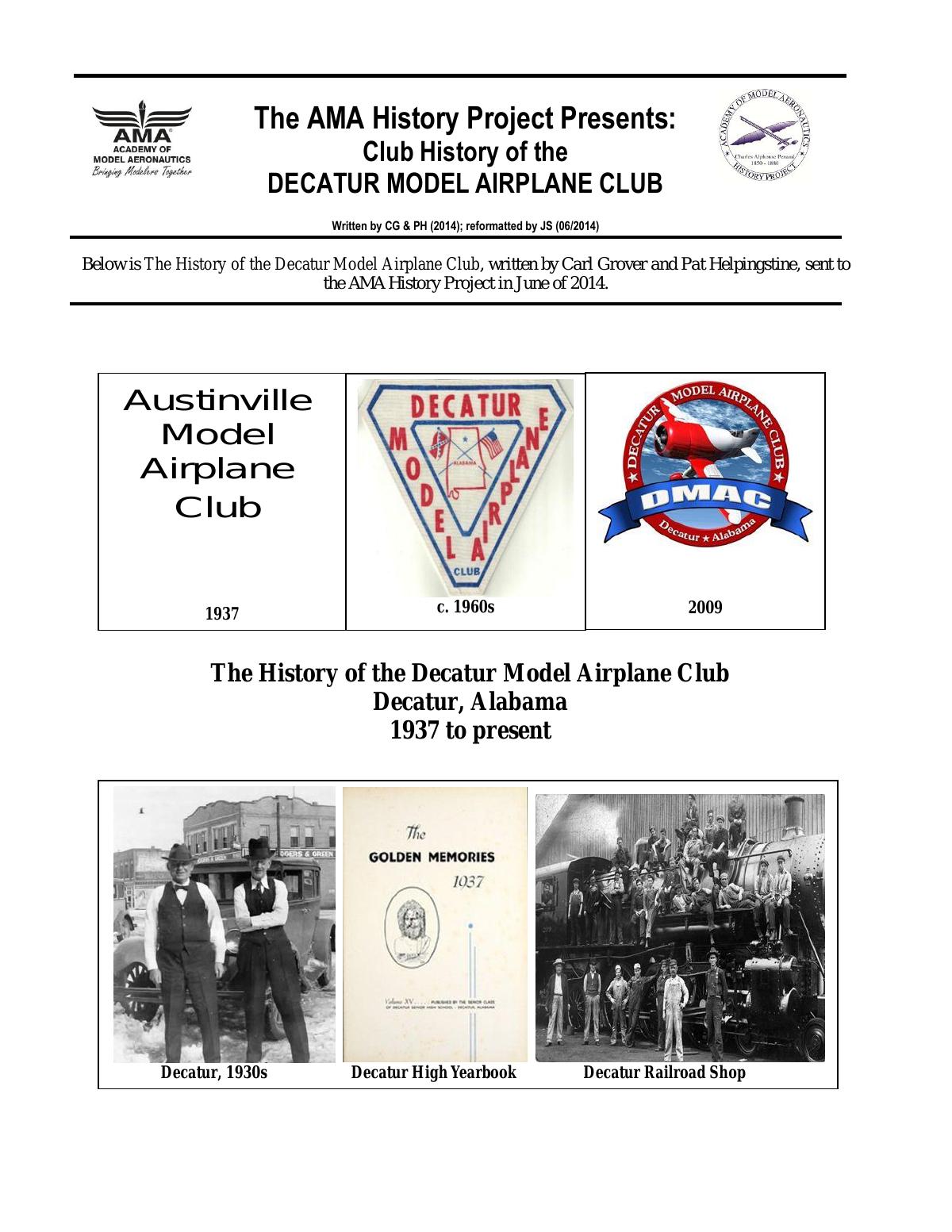 Page 1 of the original history of Model Airplane Club D M A C History Decatur