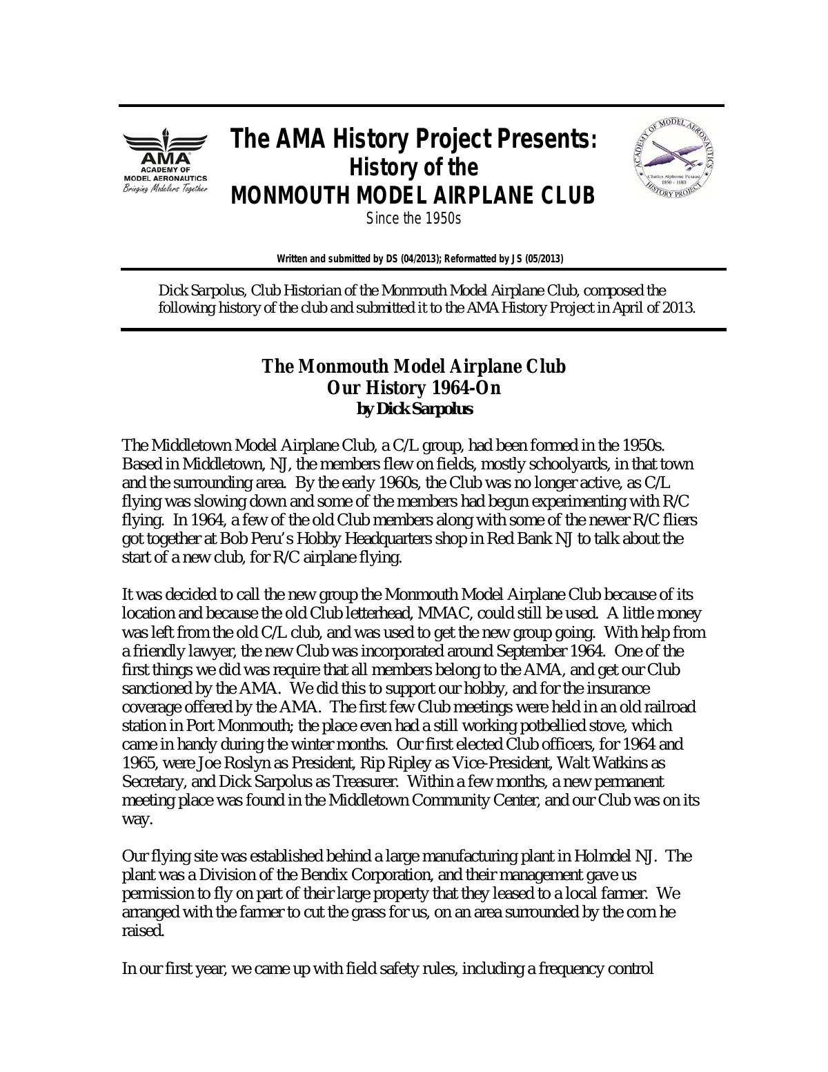 Page 1 of the original history of Monmouth Model Airplane Club