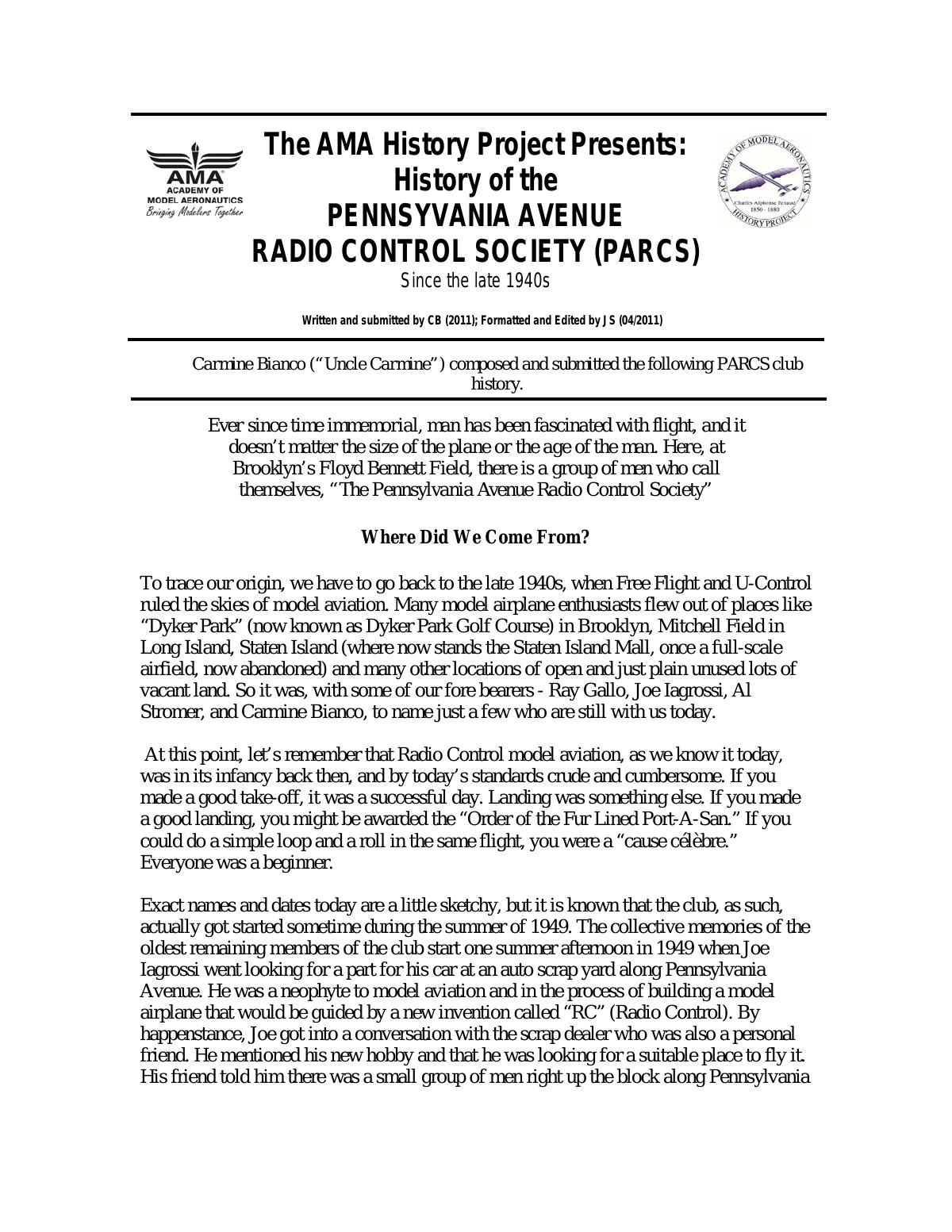 Page 1 of the original history of Pennsyvania Avenue Radio Control Society (PARCS)