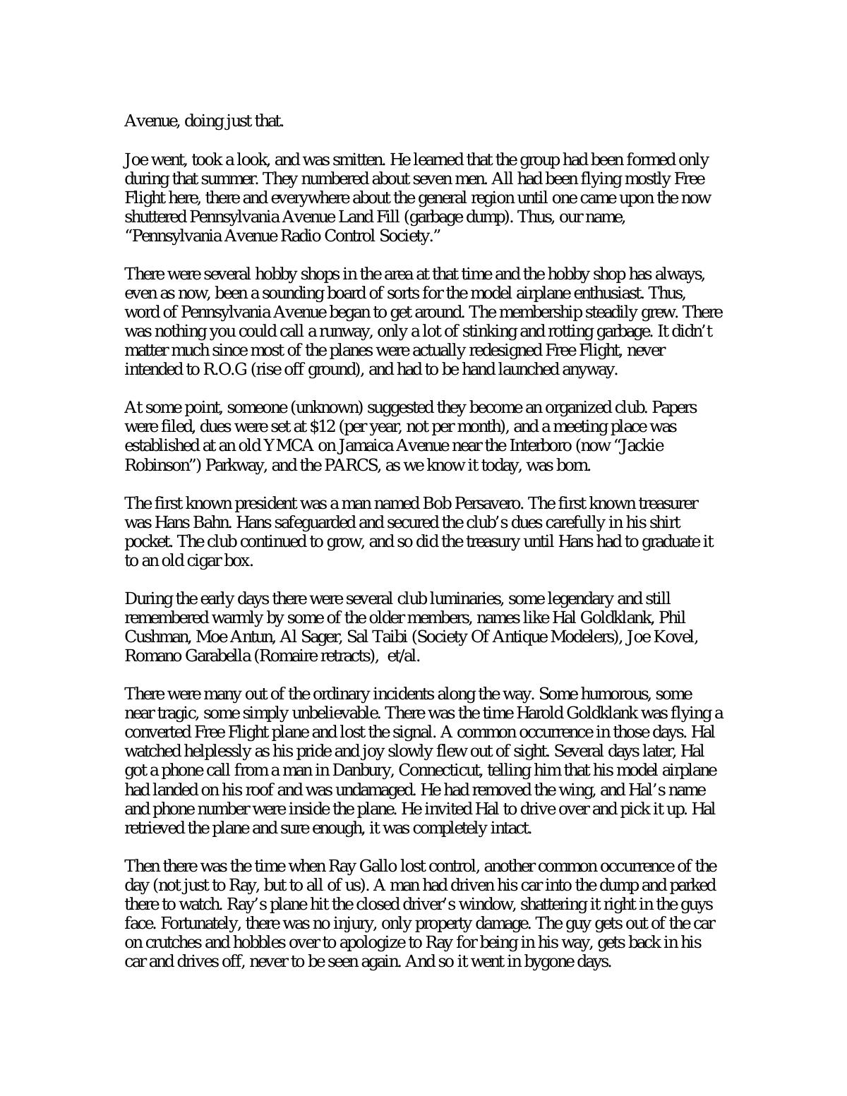 Page 2 of the original history of Pennsyvania Avenue Radio Control Society (PARCS)