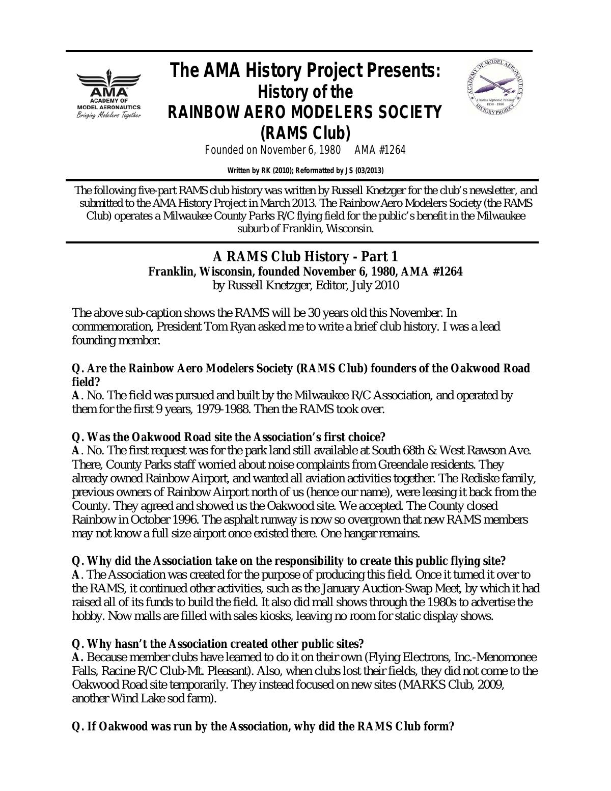 Page 1 of the original history of Rainbow Aero Modelers Society