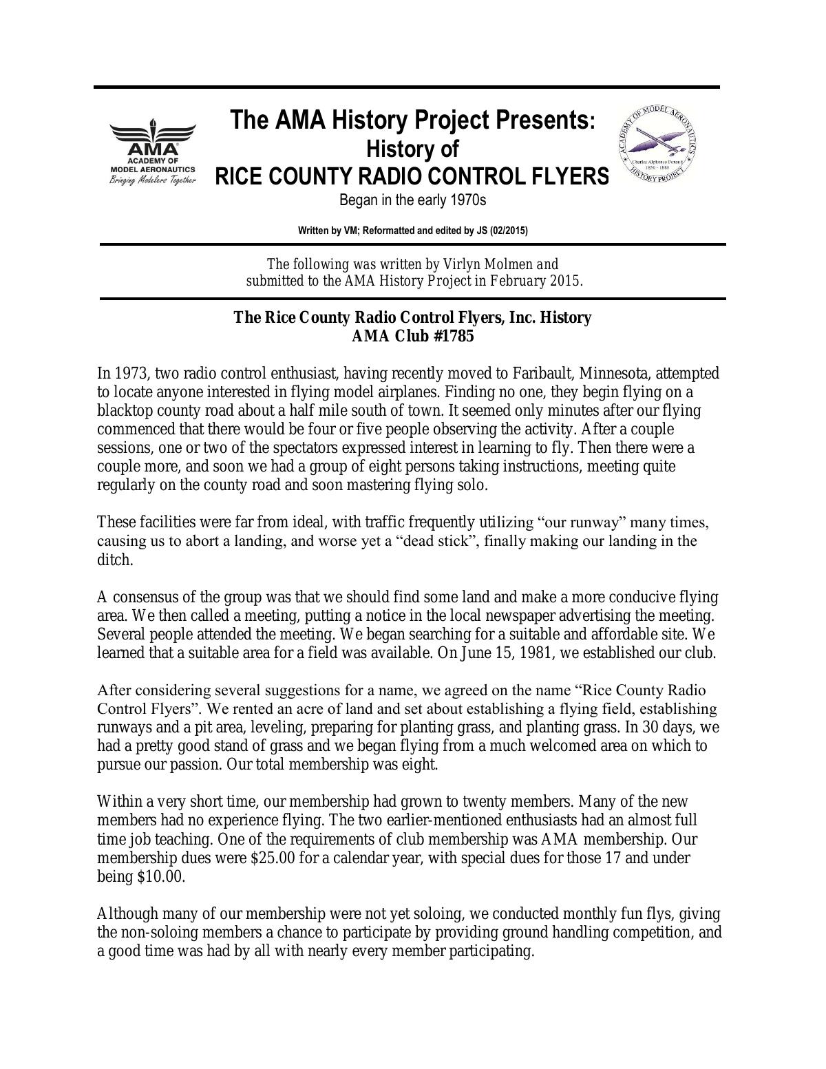Page 1 of the original history of Rice County Radio Control Flyers