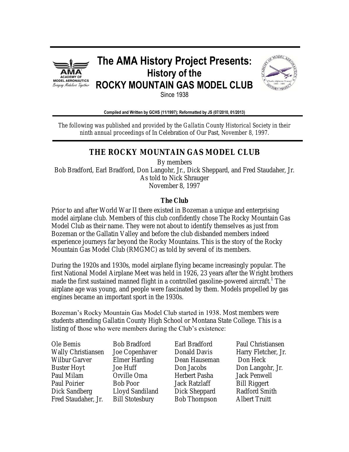 Page 1 of the original history of Rocky Mountain Gas Model Club