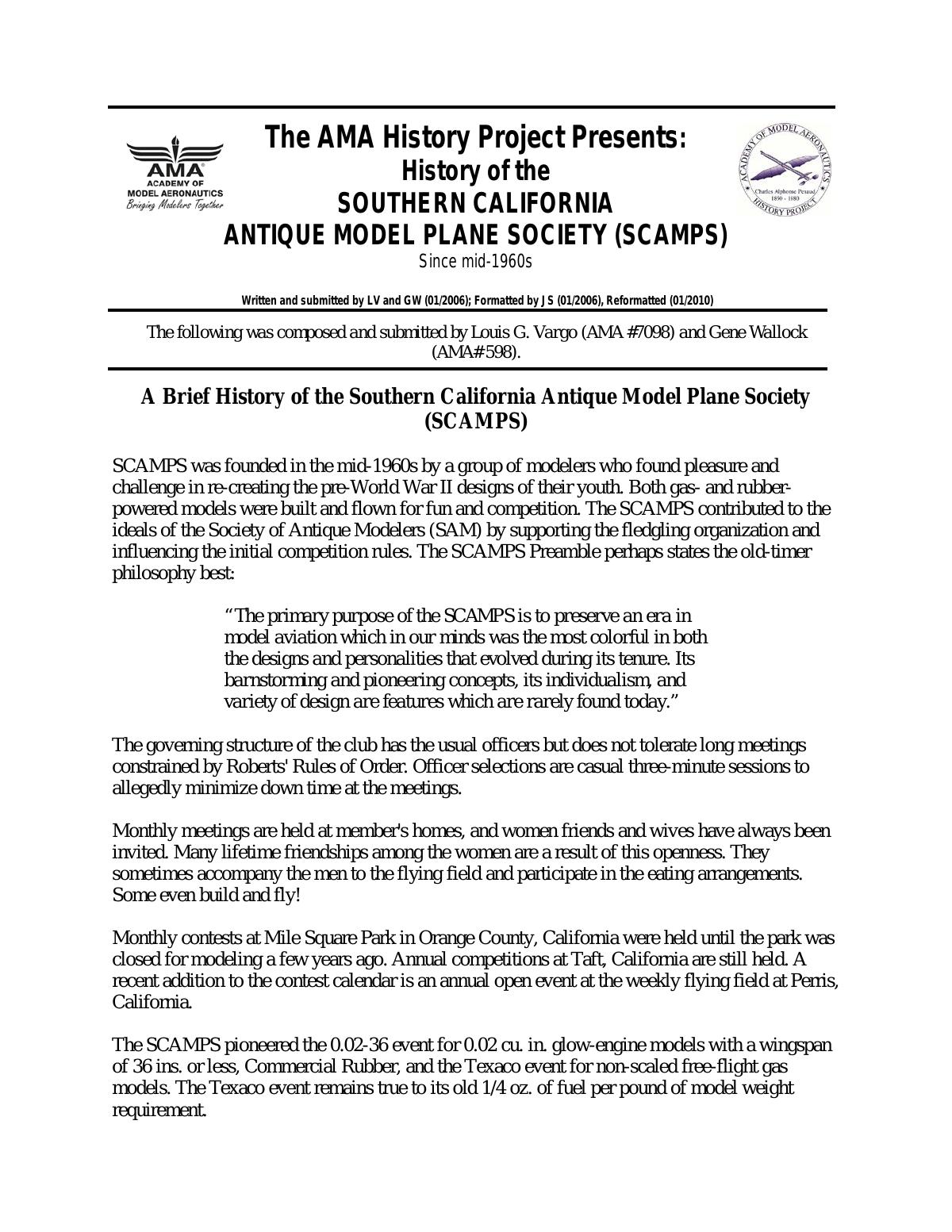 Page 1 of the original history of Southern California Antique Model Plane Society (SCAMPS)