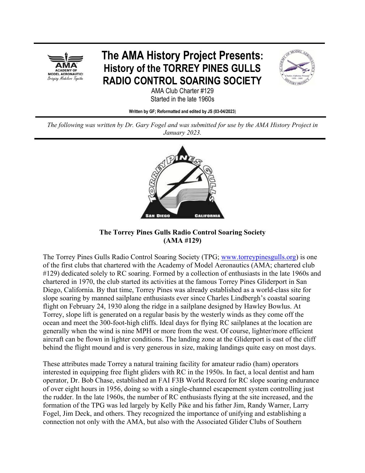 Page 1 of the original history of Torrey Pines Gulls Radio Control Soaring Society