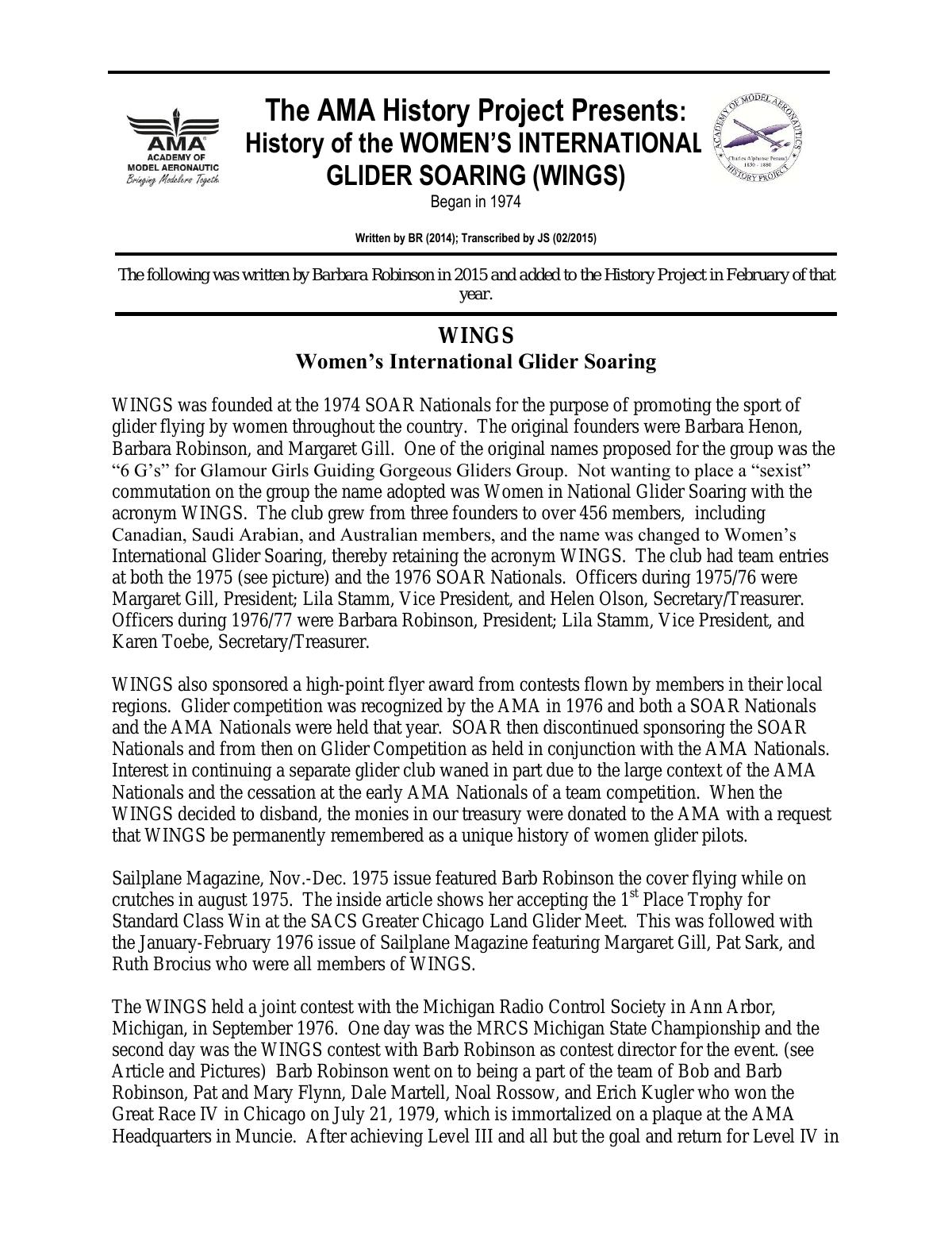Page 1 of the original history of Women’s International Glider Soaring (WINGS)