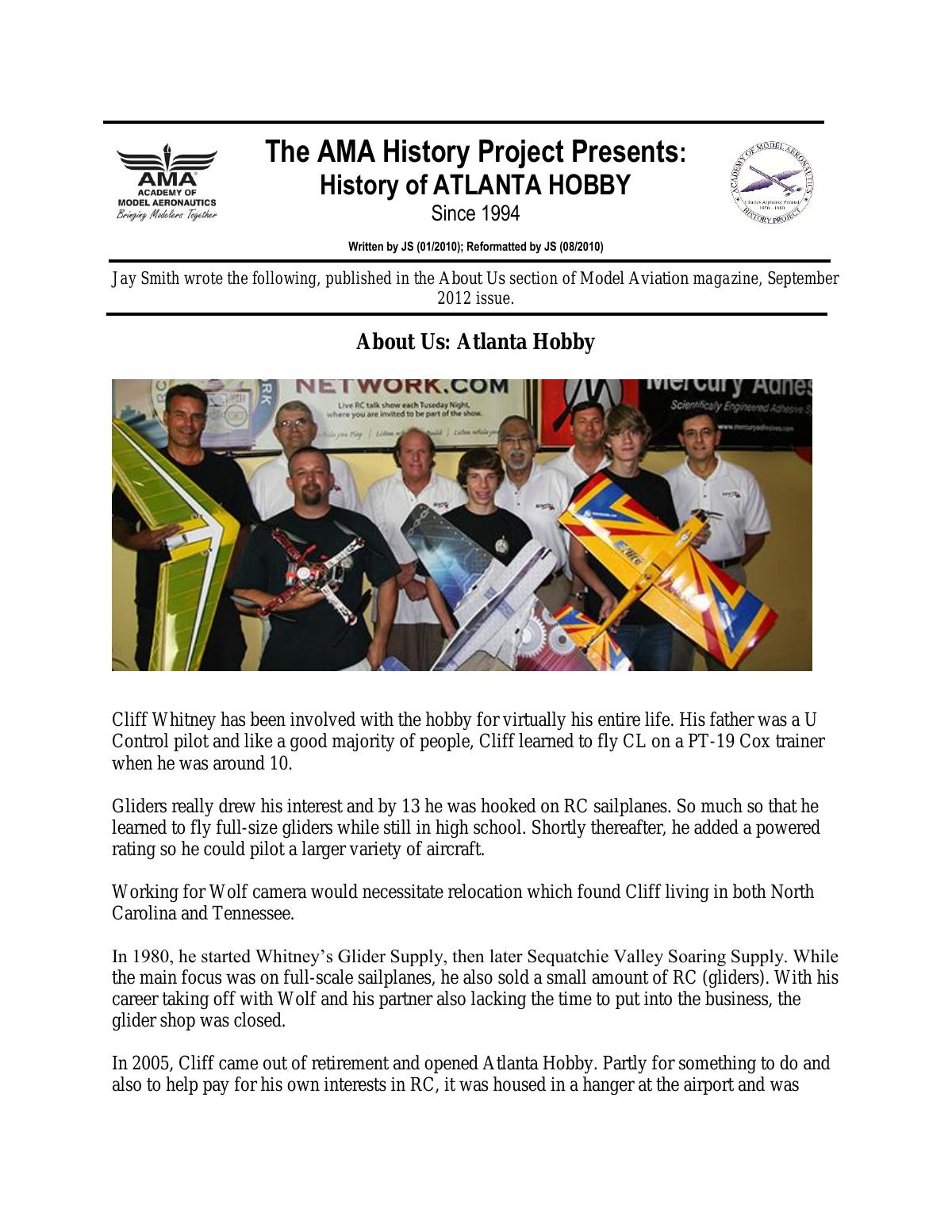 Page 1 of the original history of Atlanta Hobby