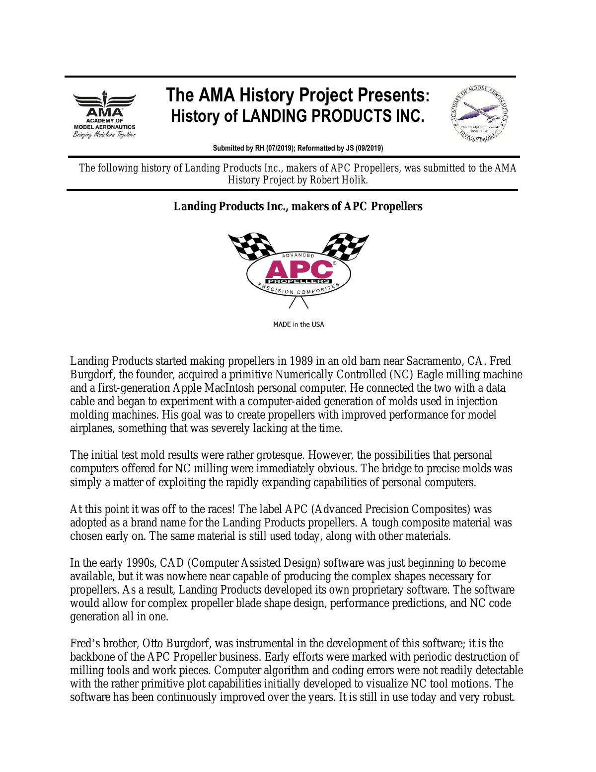 Page 1 of the original history of Landing Products Inc.
