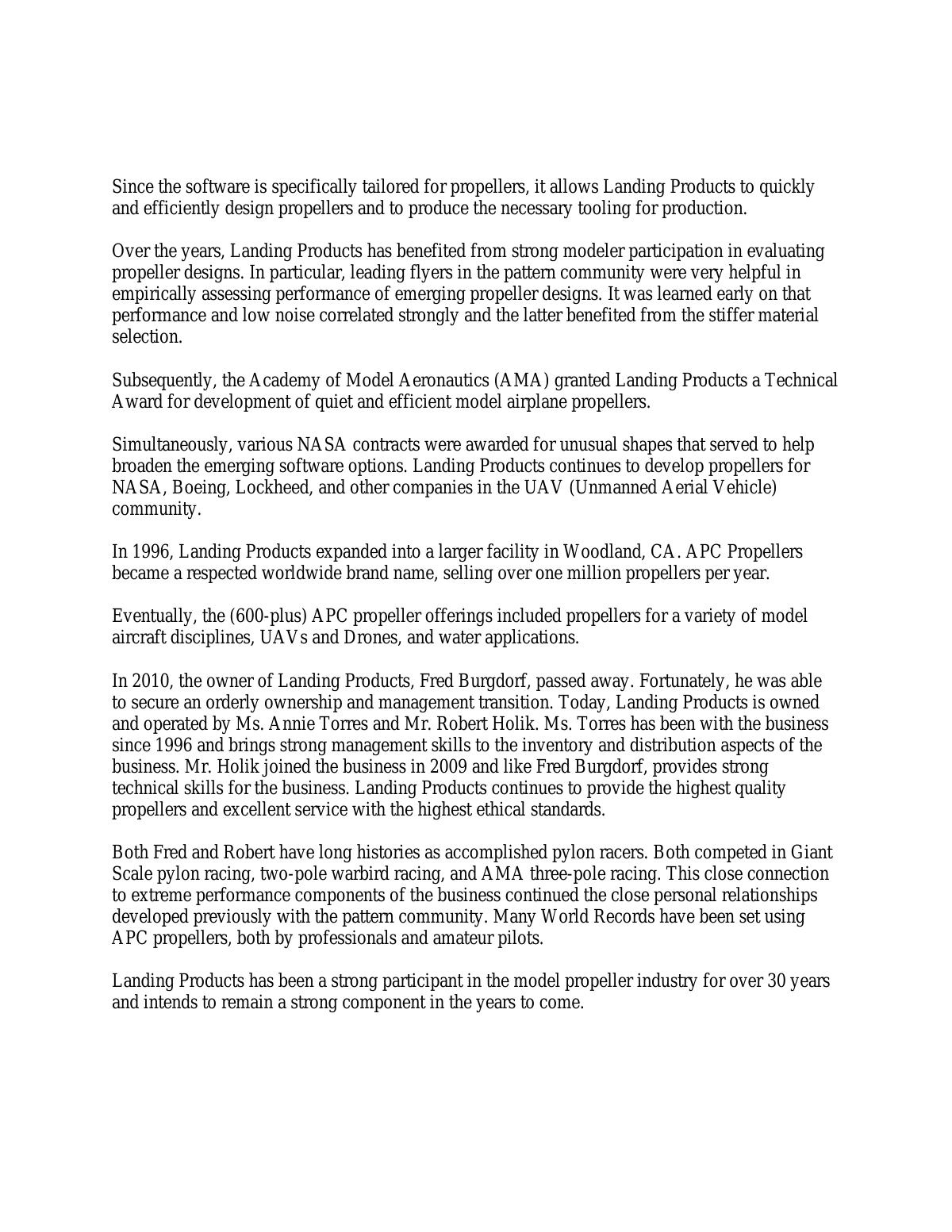 Page 2 of the original history of Landing Products Inc.