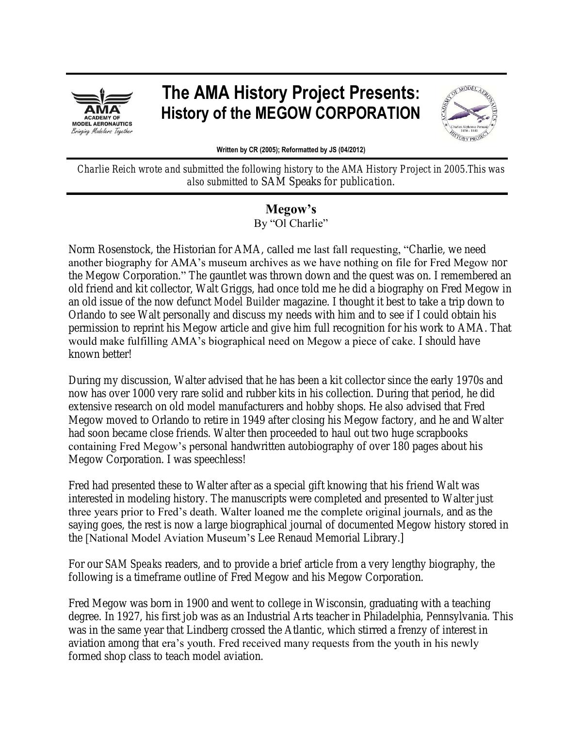 Page 1 of the original history of Megow Corporation