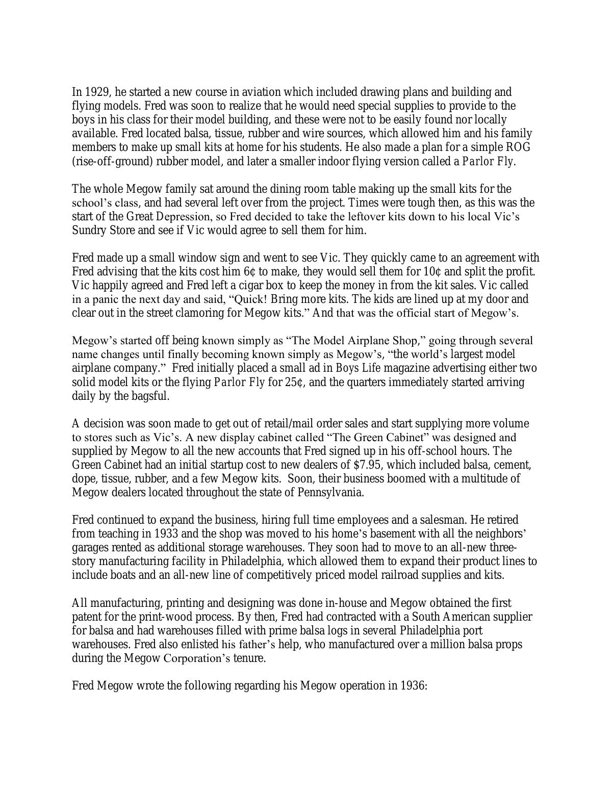 Page 2 of the original history of Megow Corporation