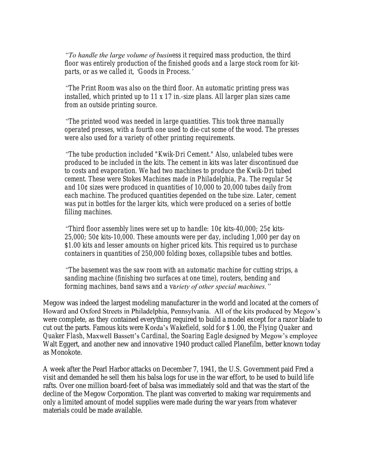Page 3 of the original history of Megow Corporation
