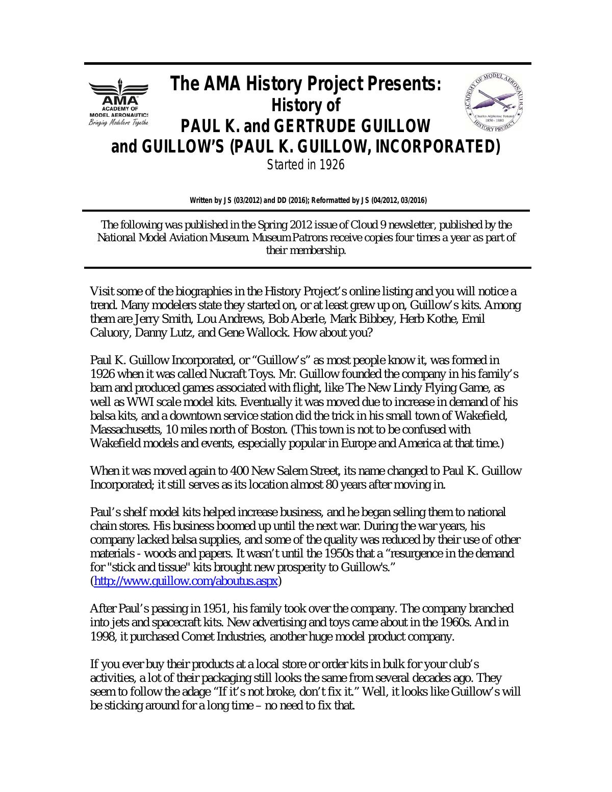 Page 1 of the original history of Paul K. and Gertrude Guillow and Guillow’s (Paul K. Guillow, Incorporated)