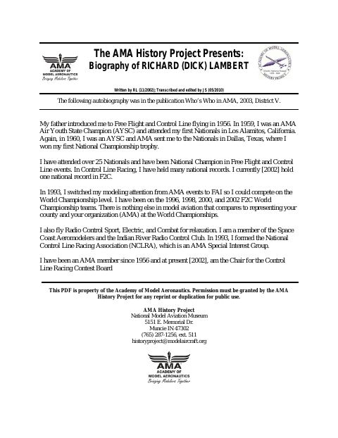 First page of Richard (Dick) Lambert