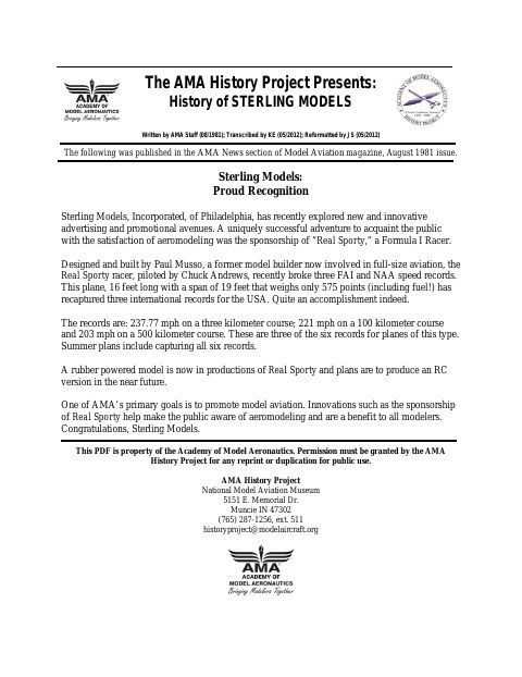 First page of Sterling Models, Inc.